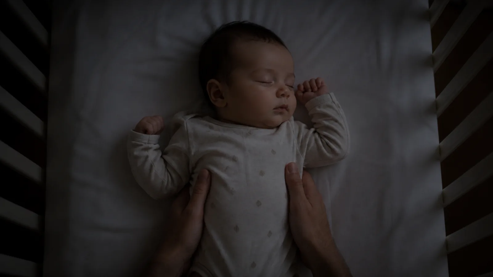 Mãos soltando o bebê adormecido no berço